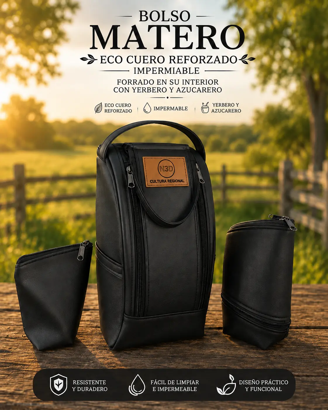 BOLSO MOCHILA MATERO DE ECOCUERO CON YERBERO Y AZUCARERO