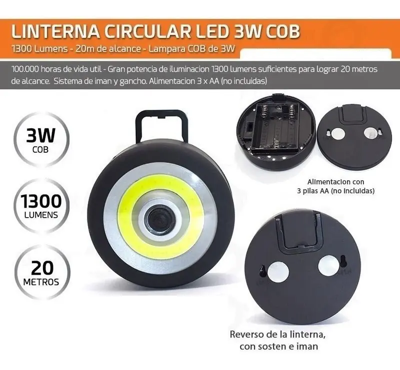 LINTERNA DE TRABAJO COB - RUEDA - 16 LEDS - MAGNETICA Y CON GANCHO REBATIBLE