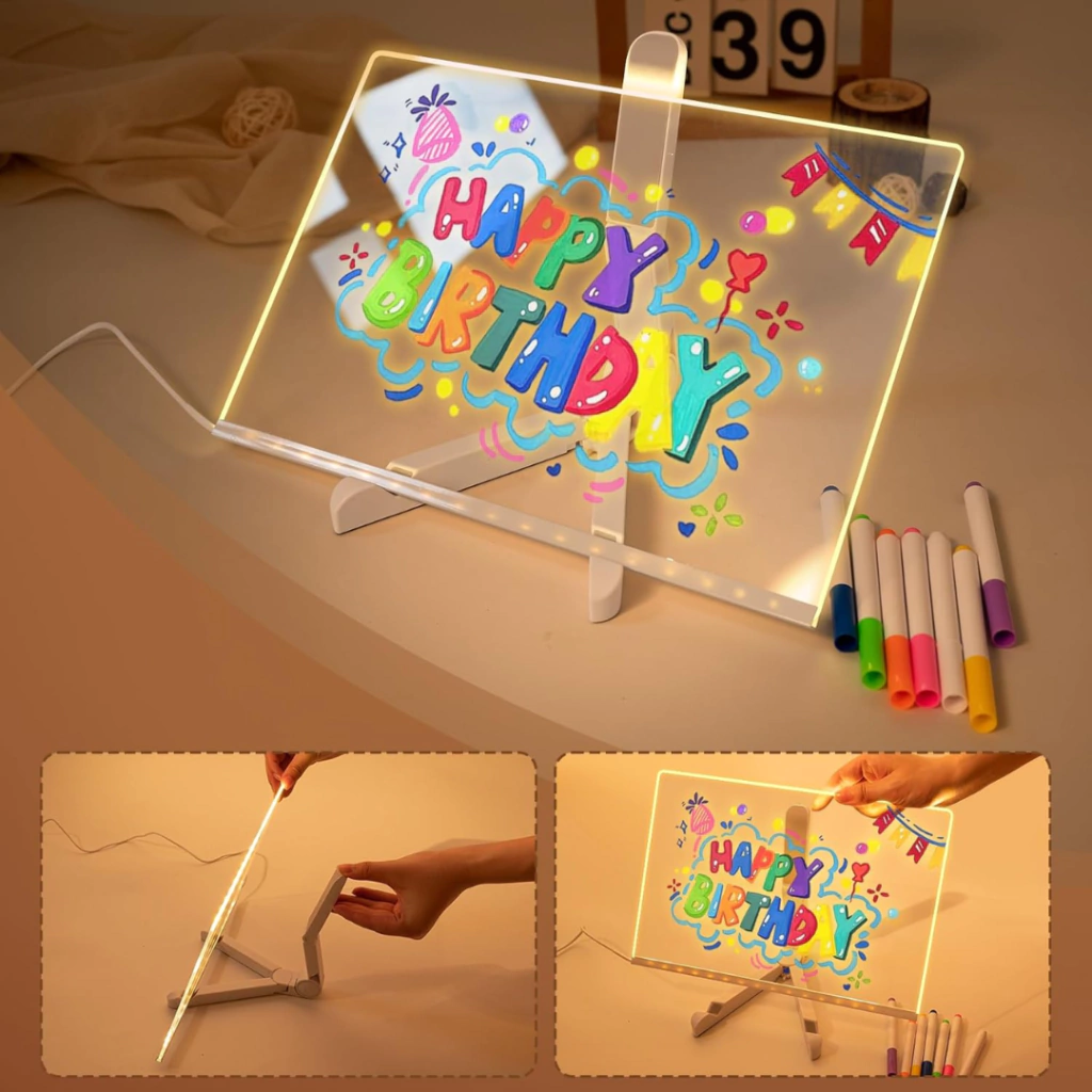PIZARRA LED ACRÍLICA  LUMINOSA CON 7  MARCADORES + PAÑO - MODELO  DIY 3020/LED-83053 - 20 CM X 30CM - USB - SOPORTE