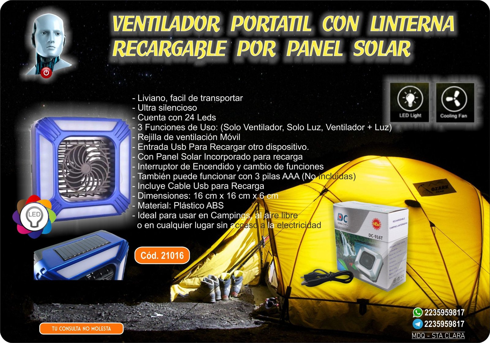 VENTILADOR CON LINTERNA LED RECARGABLE - SOLAR - USB - ADAPTADOR 3A