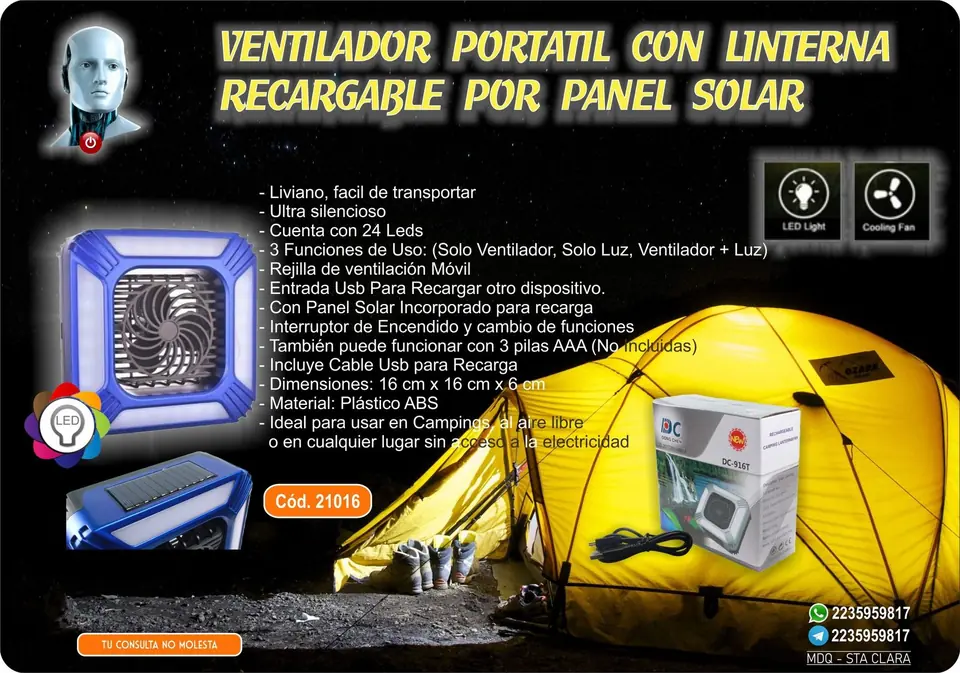 VENTILADOR CON LINTERNA LED RECARGABLE - SOLAR - USB - ADAPTADOR 3A