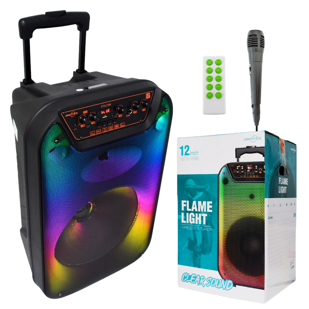 PARLANTE PORTATIL BLUETOOTH KARAOKE CON MICRÓFONO 12"  GRATNICE - GTS-1596 - FLAME LIGHT