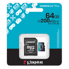MICRO SD 64GB CLASE 10 KINGSTON CANVAS GO PLUS U3 V30 A2 4K 200MB CON ADAPTADOR A SD