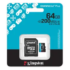 MICRO SD 64GB CLASE 10 KINGSTON CANVAS GO PLUS U3 V30 A2 4K 200MB CON ADAPTADOR A SD