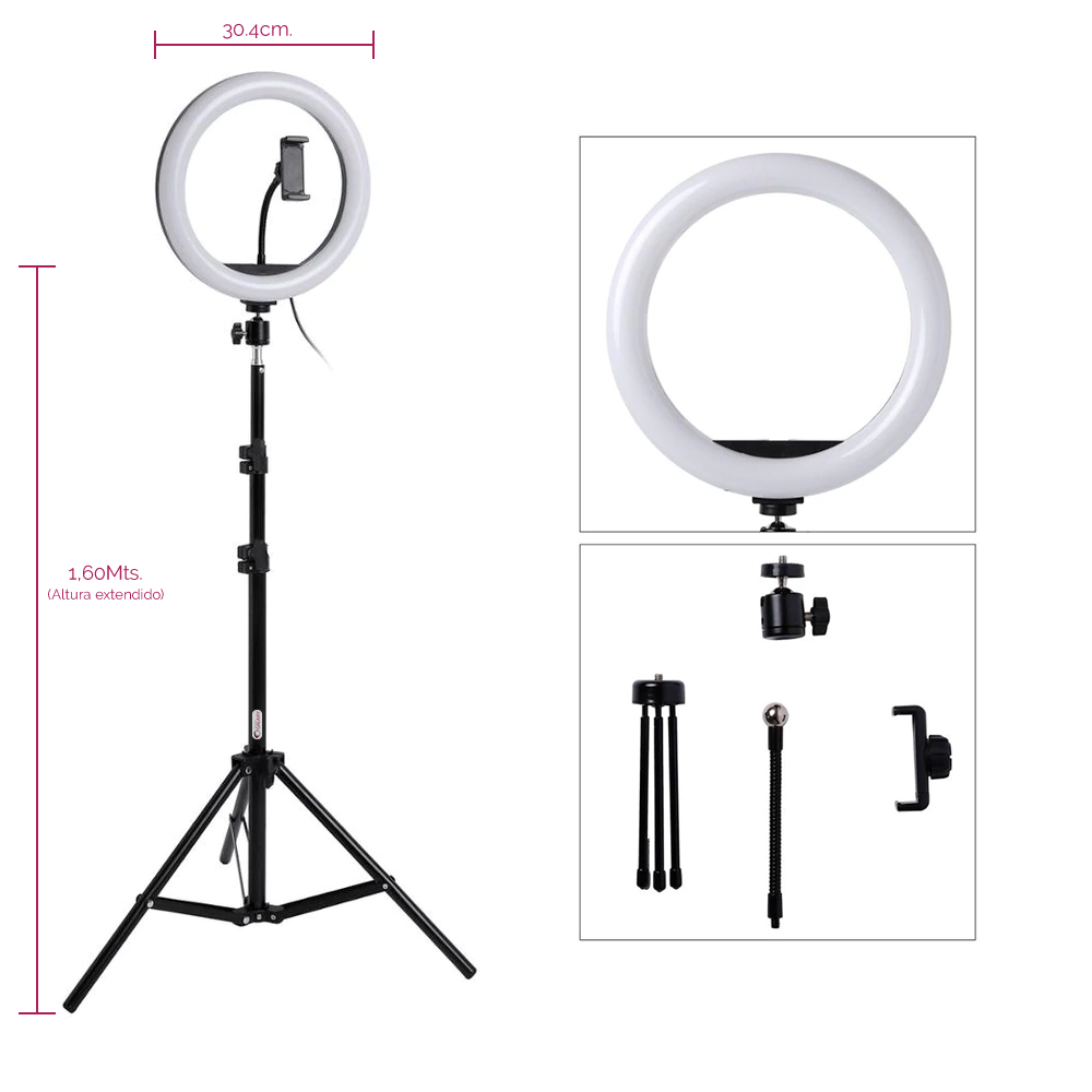 ARO DE LUZ LED BLANCO 10" - 26CM CON TRÍPODE DE 2.10 MT.