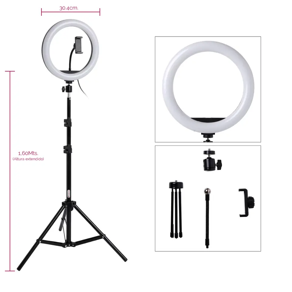 ARO DE LUZ LED BLANCO 10" - 26CM CON TRÍPODE DE 2.10 MT.