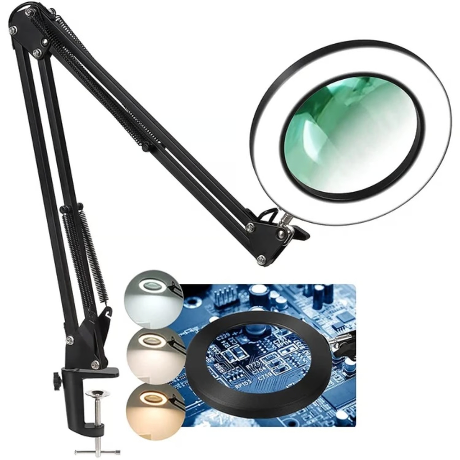 LÁMPARA LED DE ESCRITORIO CON LUPA 10X/ BRAZO PLEGABLE 7.5W - CON MORSA