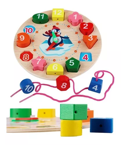 Reloj Didáctico Montessori - Madera- Encastre y Enhebrado.